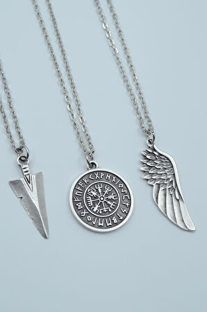 3'lü Triagle Ok Ucu Viking Pusula Büyük Kanat Gümüş Kaplama Kolye Seti