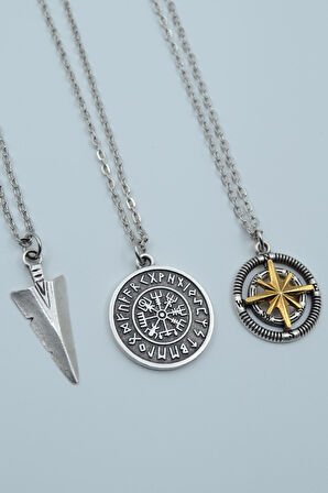 3'lü Triagle Ok Ucu Viking Pusula Tılsım Gümüş Kaplama Kolye Seti