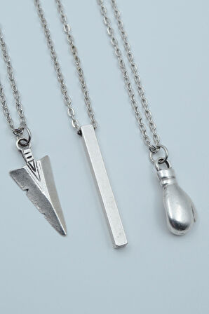 3'lü Triagle Ok Ucu Çubuk Düz Bar Boks Eldiveni Gümüş Kaplama Kolye Seti