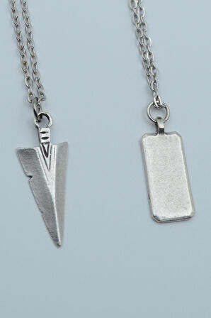 2'li Ok Ucu Triagle Dikdörtgen Bar Gümüş Kaplama Kolye Seti