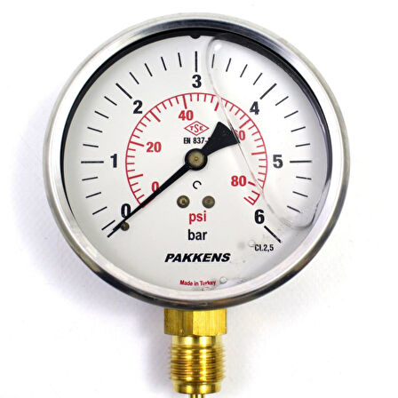 Pakkens 0-6 Bar 100 mm Alttan Bağlantılı Gliserinli Manometre G 1/2 inç