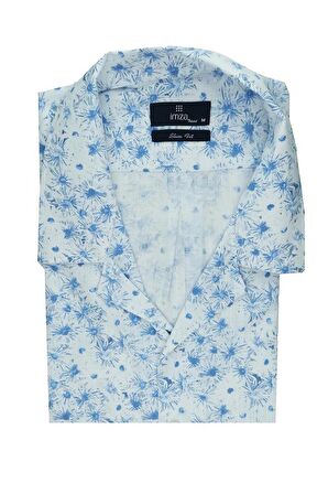 Kısa Kol Baskılı Apaş Yaka  %100 Pamuk Slim Fit Dar Kesim Casual Gömlek 1004210300 Koyu Mavi