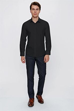 Uzun Kol Sert Yaka  Slim Fit Dar Kesim Basic Gömlek 1004220057 Siyah