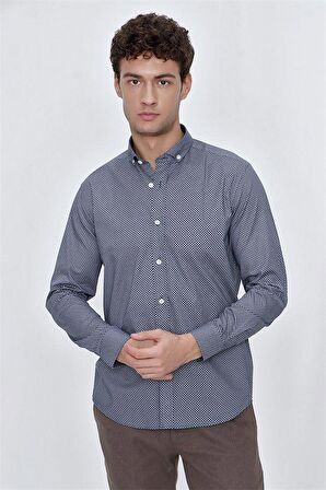 Uzun Kol Baskılı Bez Ayağı Gömlek Yaka  Klasik Slim Fit Dar Kesim Pamuklu Likralı Gömlek 1004225207 İndigo Mavi
