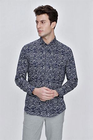 Uzun Kol Baskılı Bez Ayağı Gömlek Yaka  Klasik Slim Fit Dar Kesim Pamuklu Likralı Gömlek 1004225210 Koyu Lacivert