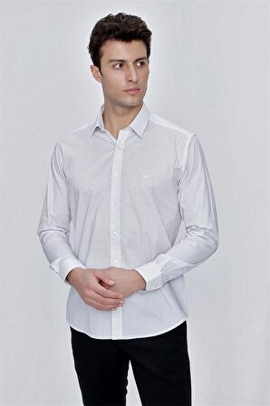 Uzun Kol Baskılı Bez Ayağı Sert Yaka  Klasik Slim Fit Dar Kesim Pamuklu Likralı Gömlek 1004225214 Beyaz