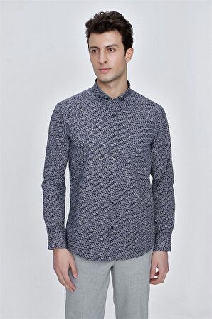 Uzun Kol Baskılı Bez Ayağı Gömlek Yaka  Klasik Slim Fit Dar Kesim Pamuklu Gömlek 1004225223 Koyu Lacivert