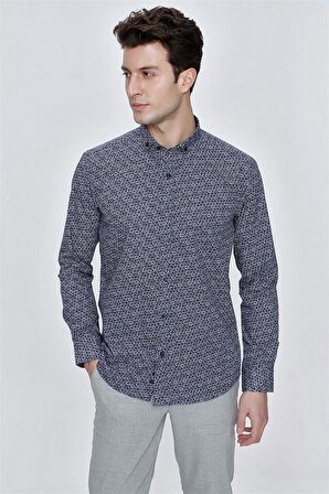 Uzun Kol Baskılı Bez Ayağı Gömlek Yaka  Klasik Slim Fit Dar Kesim Pamuklu Gömlek 1004225223 Koyu Lacivert