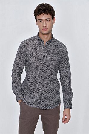 Uzun Kol Baskılı Bez Ayağı Gömlek Yaka  Klasik Slim Fit Dar Kesim Pamuklu Gömlek 1004225223 Koyu Kahverengi