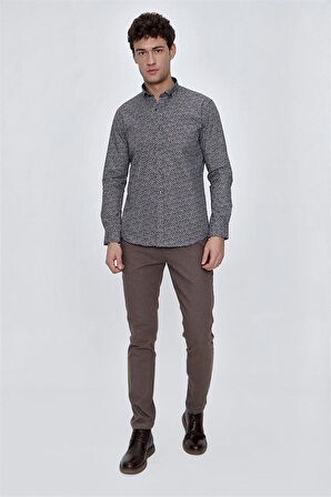 Uzun Kol Baskılı Bez Ayağı Gömlek Yaka  Klasik Slim Fit Dar Kesim Pamuklu Gömlek 1004225223 Koyu Kahverengi