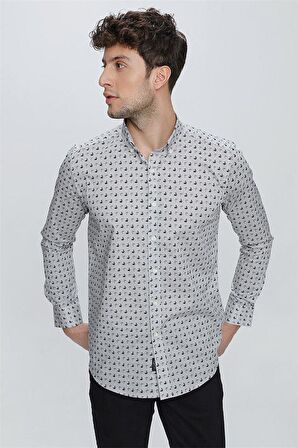 Uzun Kol Baskılı Bez Ayağı Düğmeli Yaka  Klasik Slim Fit Dar Kesim Pamuklu Likralı Gömlek 1004225246 Gri