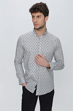 Uzun Kol Baskılı Bez Ayağı Düğmeli Yaka  Klasik Slim Fit Dar Kesim Pamuklu Likralı Gömlek 1004225246 Gri