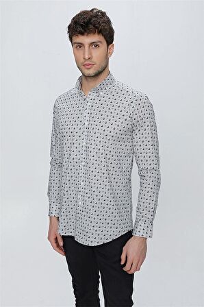 Uzun Kol Baskılı Bez Ayağı Düğmeli Yaka  Klasik Slim Fit Dar Kesim Pamuklu Likralı Gömlek 1004225246 Gri