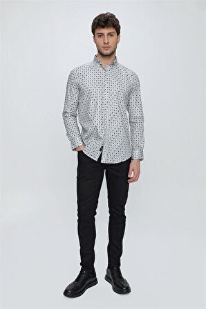 Uzun Kol Baskılı Bez Ayağı Düğmeli Yaka  Klasik Slim Fit Dar Kesim Pamuklu Likralı Gömlek 1004225246 Gri