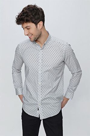 Uzun Kol Baskılı Bez Ayağı Düğmeli Yaka  Klasik Slim Fit Dar Kesim Pamuklu Likralı Gömlek 1004225247 Gri