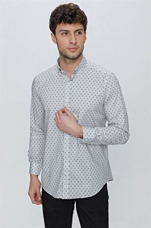 Uzun Kol Baskılı Bez Ayağı Düğmeli Yaka  Klasik Slim Fit Dar Kesim Pamuklu Likralı Gömlek 1004225247 Gri