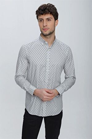 Uzun Kol Baskılı Bez Ayağı Düğmeli Yaka  Klasik Slim Fit Dar Kesim Pamuklu Likralı Gömlek 1004225247 Gri