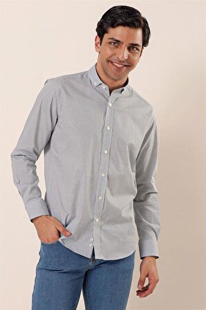 Uzun Kollu Baskılı Cepsiz Pamuklu Likralı Casual Slim Fit Dar Kesim Gömlek 1004230120 Beyaz