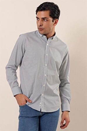 Uzun Kollu Baskılı Cepsiz Pamuklu Likralı Casual Slim Fit Dar Kesim Gömlek 1004230120 Beyaz