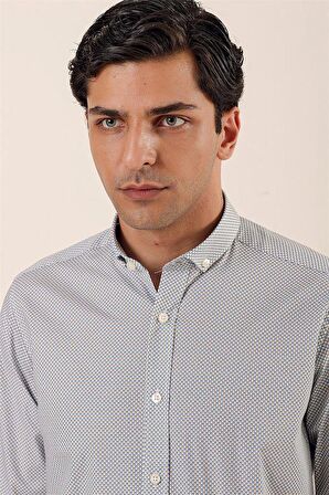Uzun Kollu Baskılı Cepsiz Pamuklu Likralı Casual Slim Fit Dar Kesim Gömlek 1004230120 Beyaz