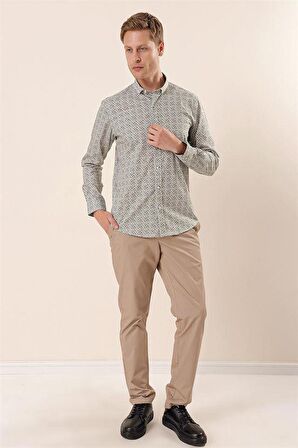 Uzun Kollu Baskılı Cepsiz Pamuklu Likralı Casual Slim Fit Dar Kesim Gömlek 1004230134 Beyaz