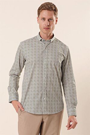 Uzun Kollu Baskılı Cepsiz Pamuklu Likralı Casual Slim Fit Dar Kesim Gömlek 1004230134 Beyaz