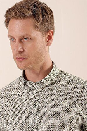 Uzun Kollu Baskılı Cepsiz Pamuklu Likralı Casual Slim Fit Dar Kesim Gömlek 1004230134 Beyaz