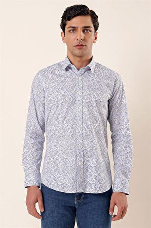Uzun Kollu Baskılı Sert Yaka Cepsiz Pamuklu Likralı Casual Slim Fit Gömlek 1004230135 Koyu Mavi