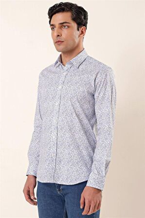 Uzun Kollu Baskılı Sert Yaka Cepsiz Pamuklu Likralı Casual Slim Fit Gömlek 1004230135 Koyu Mavi