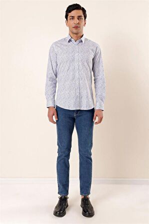 Uzun Kollu Baskılı Sert Yaka Cepsiz Pamuklu Likralı Casual Slim Fit Gömlek 1004230135 Koyu Mavi