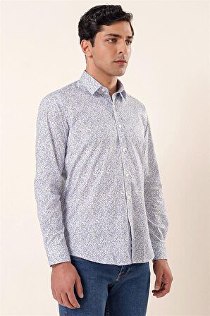 Uzun Kollu Baskılı Sert Yaka Cepsiz Pamuklu Likralı Casual Slim Fit Gömlek 1004230135 Koyu Mavi