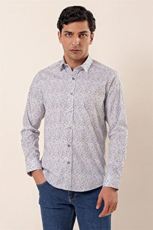 Uzun Kollu Baskılı Sert Yaka Cepsiz Pamuklu Likralı Casual Slim Fit Gömlek 1004230135 Mavi