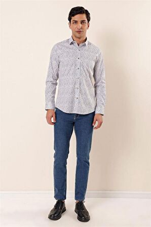 Uzun Kollu Baskılı Sert Yaka Cepsiz Pamuklu Likralı Casual Slim Fit Gömlek 1004230135 Mavi