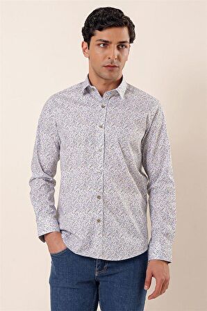 Uzun Kollu Baskılı Sert Yaka Cepsiz Pamuklu Likralı Casual Slim Fit Gömlek 1004230135 Mavi