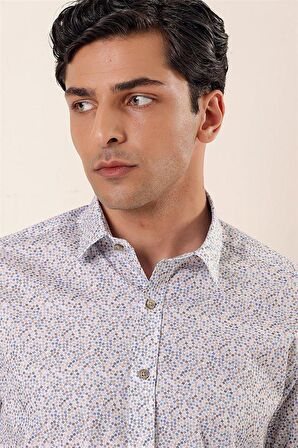 Uzun Kollu Baskılı Sert Yaka Cepsiz Pamuklu Likralı Casual Slim Fit Gömlek 1004230135 Mavi