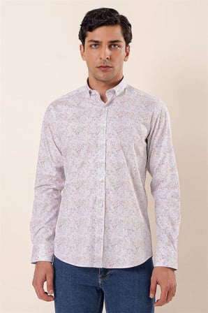 Uzun Kollu Baskılı Cepsiz Pamuklu Likralı Casual Slim Fit Dar Kesim Gömlek 1004230136 Koyu Mavi