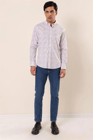 Uzun Kollu Baskılı Cepsiz Pamuklu Likralı Casual Slim Fit Dar Kesim Gömlek 1004230136 Koyu Mavi