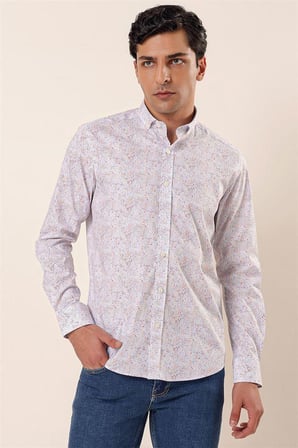 Uzun Kollu Baskılı Cepsiz Pamuklu Likralı Casual Slim Fit Dar Kesim Gömlek 1004230136 Koyu Mavi