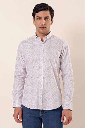 Uzun Kollu Baskılı Cepsiz Pamuklu Likralı Casual Slim Fit Dar Kesim Gömlek 1004230136 Koyu Mavi