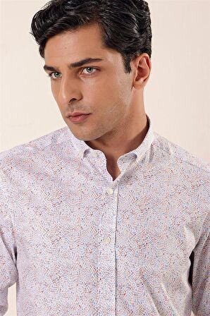 Uzun Kollu Baskılı Cepsiz Pamuklu Likralı Casual Slim Fit Dar Kesim Gömlek 1004230136 Koyu Mavi