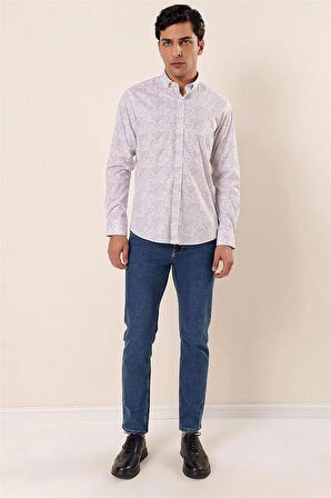 Uzun Kollu Baskılı Cepsiz Pamuklu Likralı Casual Slim Fit Dar Kesim Gömlek 1004230136 Koyu Mavi