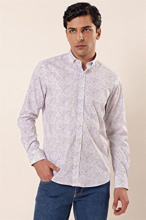 Uzun Kollu Baskılı Cepsiz Pamuklu Likralı Casual Slim Fit Dar Kesim Gömlek 1004230136 Koyu Mavi