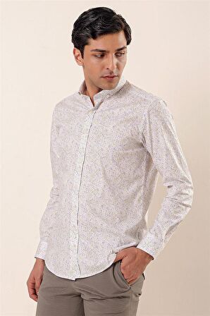 Uzun Kollu Baskılı Cepsiz Pamuklu Likralı Casual Slim Fit Dar Kesim Gömlek 1004230136 Sarı
