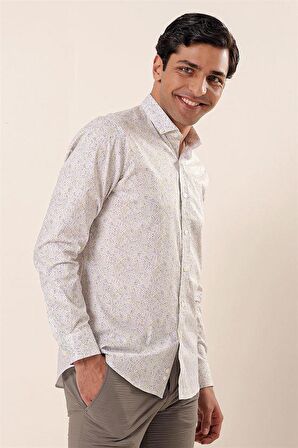 Uzun Kollu Baskılı Cepsiz Pamuklu Likralı Casual Slim Fit Dar Kesim Gömlek 1004230136 Sarı