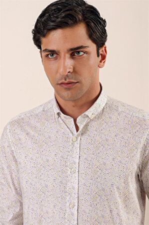 Uzun Kollu Baskılı Cepsiz Pamuklu Likralı Casual Slim Fit Dar Kesim Gömlek 1004230136 Sarı
