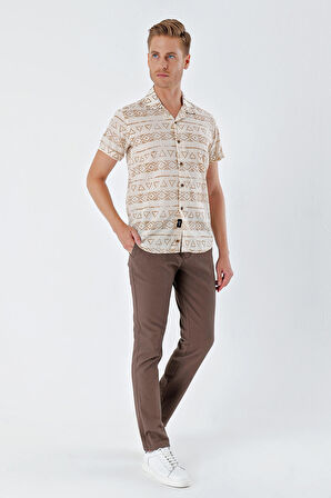 Kısa Kollu Baskılı Apaş Yaka Cepsiz %100 Pamuk Casual Comfort Fit Gömlek 1004230160 Bej