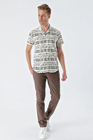 Kısa Kollu Baskılı Apaş Yaka Cepsiz %100 Pamuk Casual Comfort Fit Gömlek 1004230160 Koyu Haki