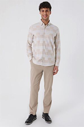 Uzun Kollu ÇizgiliCepsiz %100 Pamuk Klasik Slim Fit Dar Kesim Gömlek 1004230164 Camel