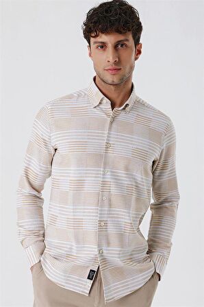 Uzun Kollu ÇizgiliCepsiz %100 Pamuk Klasik Slim Fit Dar Kesim Gömlek 1004230164 Camel