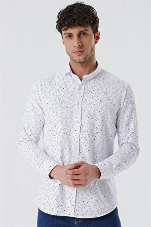 Uzun Kollu Baskılı Oxford Cepsiz Pamuklu Klasik Slim Fit Dar Kesim Gömlek 1004230166 Ekru